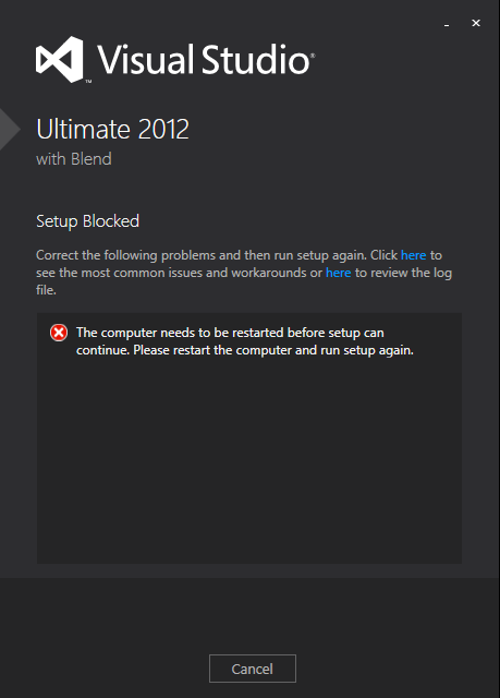 Visual Studio Ultimate 2012 Setup Blocked